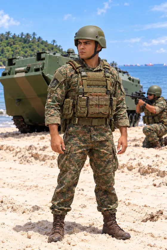 Jovem fuzileiro naval de farda camuflada
